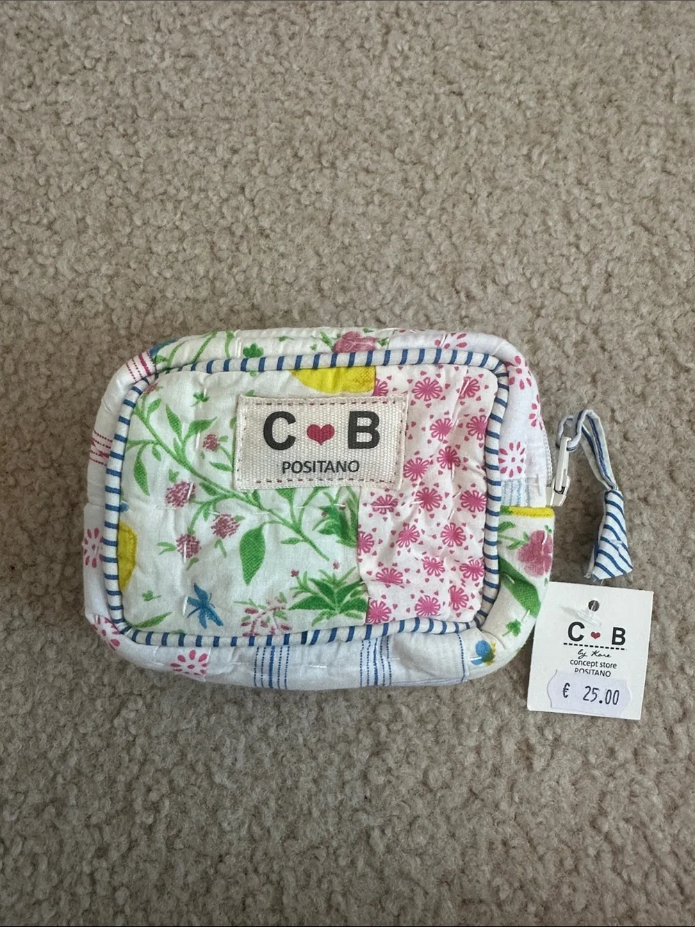 C·B Positano Floral Quilted Pouch - White with Pink & Green